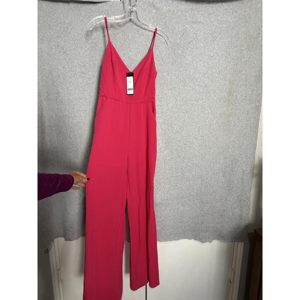 Bebe Jumpsuit Womens 0 Pink Crepe V Neck Spaghetti Strap Wide Leg Pockets Party